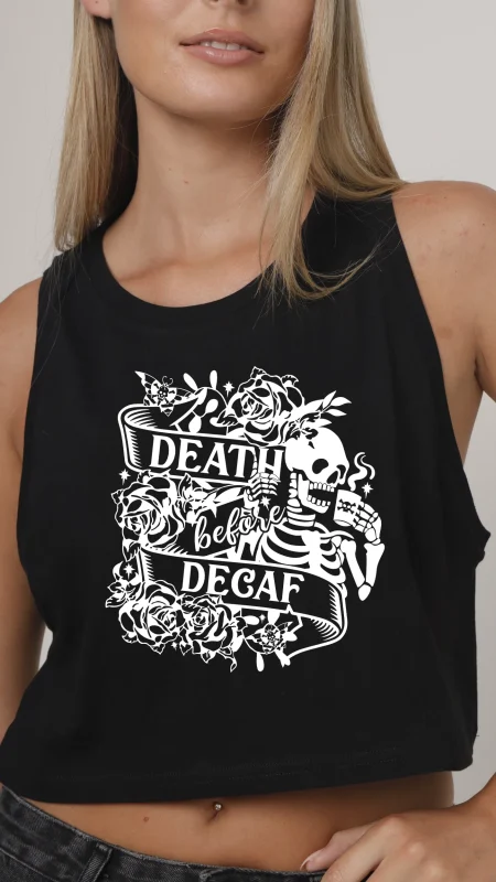 INDIE NATION DEATH BEFORE DECAF LADIES CROP VEST BLACK