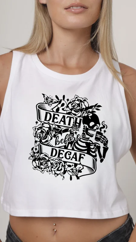 INDIE NATION DEATH BEFORE DECAF LADIES CROP VEST WHITE