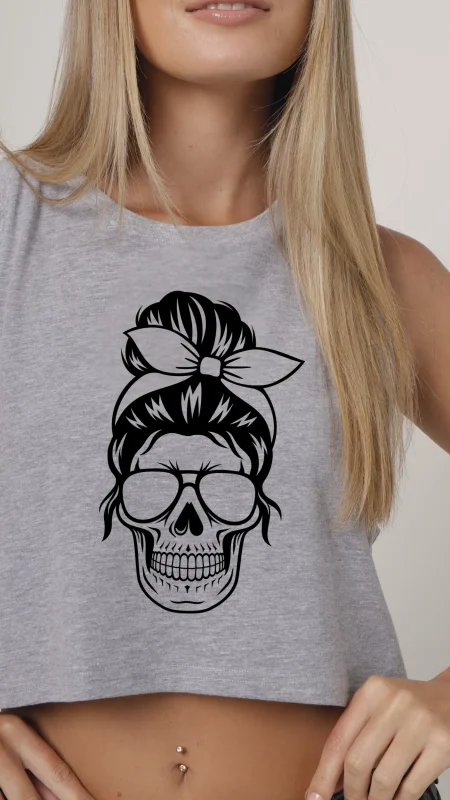 INDIE NATION LADIES ROCKABILLY SKULL CROP TOP GREY