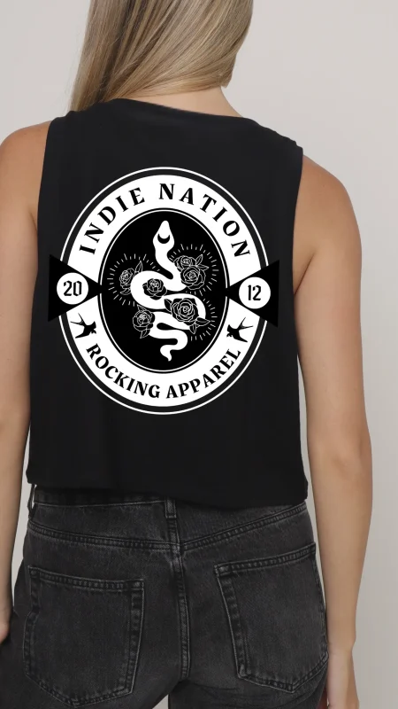 INDIE NATION SNAKES AND SWALLOWS LADIES CROP VEST BLACK2